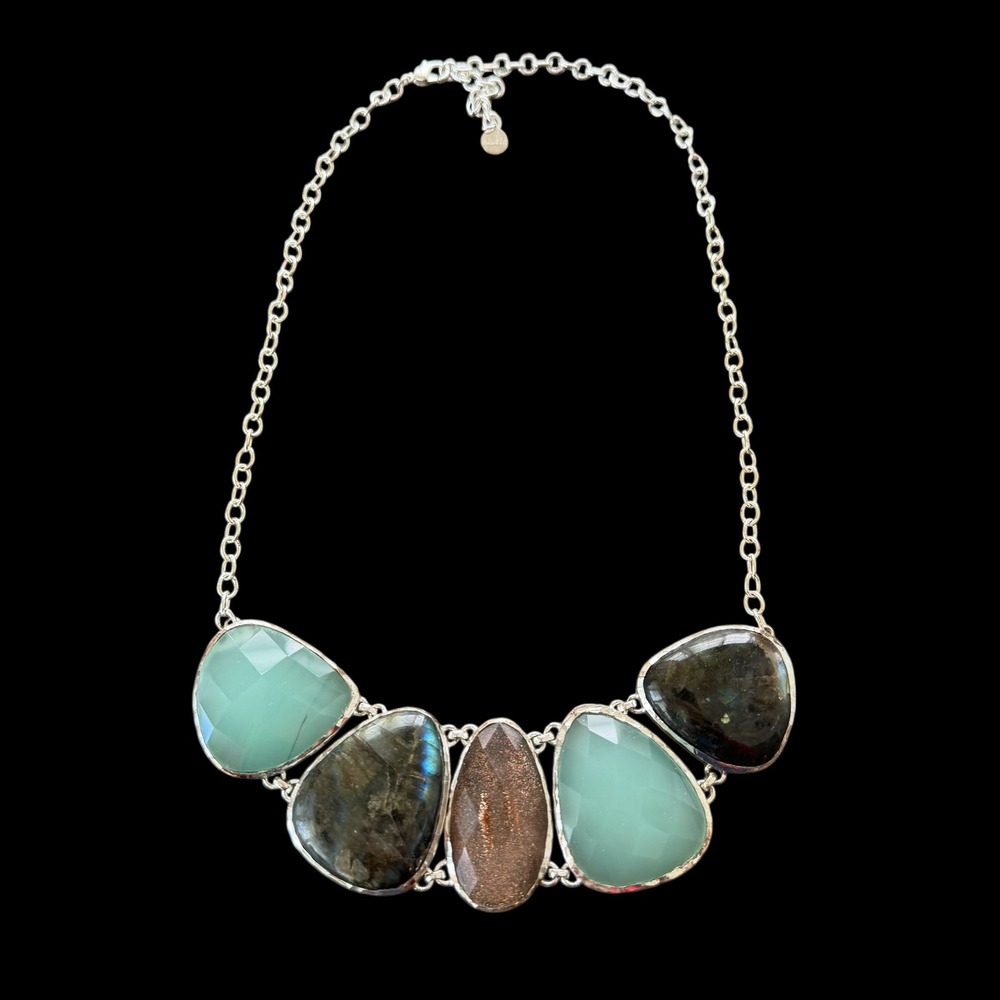 Stella & Dot Labradorite Sunstone Aqua Chalcedony Silver Statement Necklace